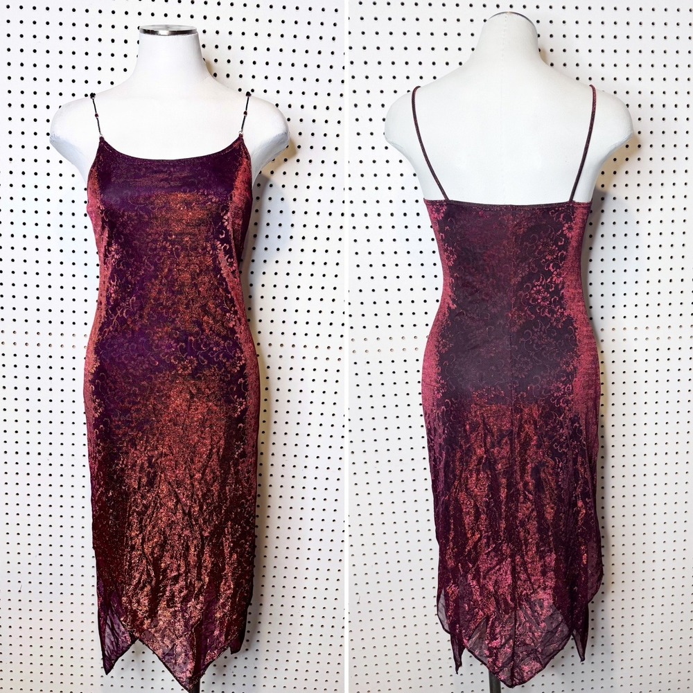 Vintage | 90s Breakin' Loose  Metallic Floral Slip Dress w/ Beaded Straps‎ 7/8